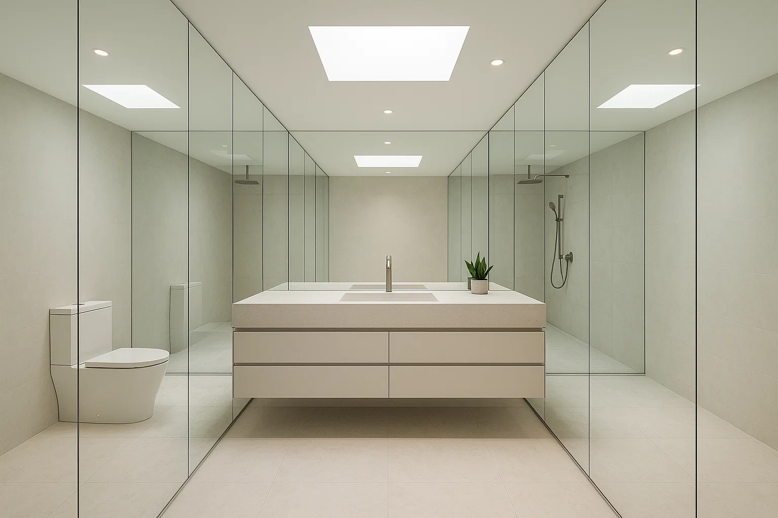 Kamar Mandi Modern dengan Dinding Cermin untuk Efek Luas